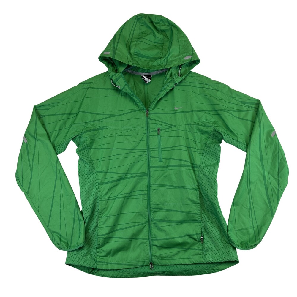 Nike Running Jacket Womens Large Green Hooded Full Zip Mesh Windbreaker Running